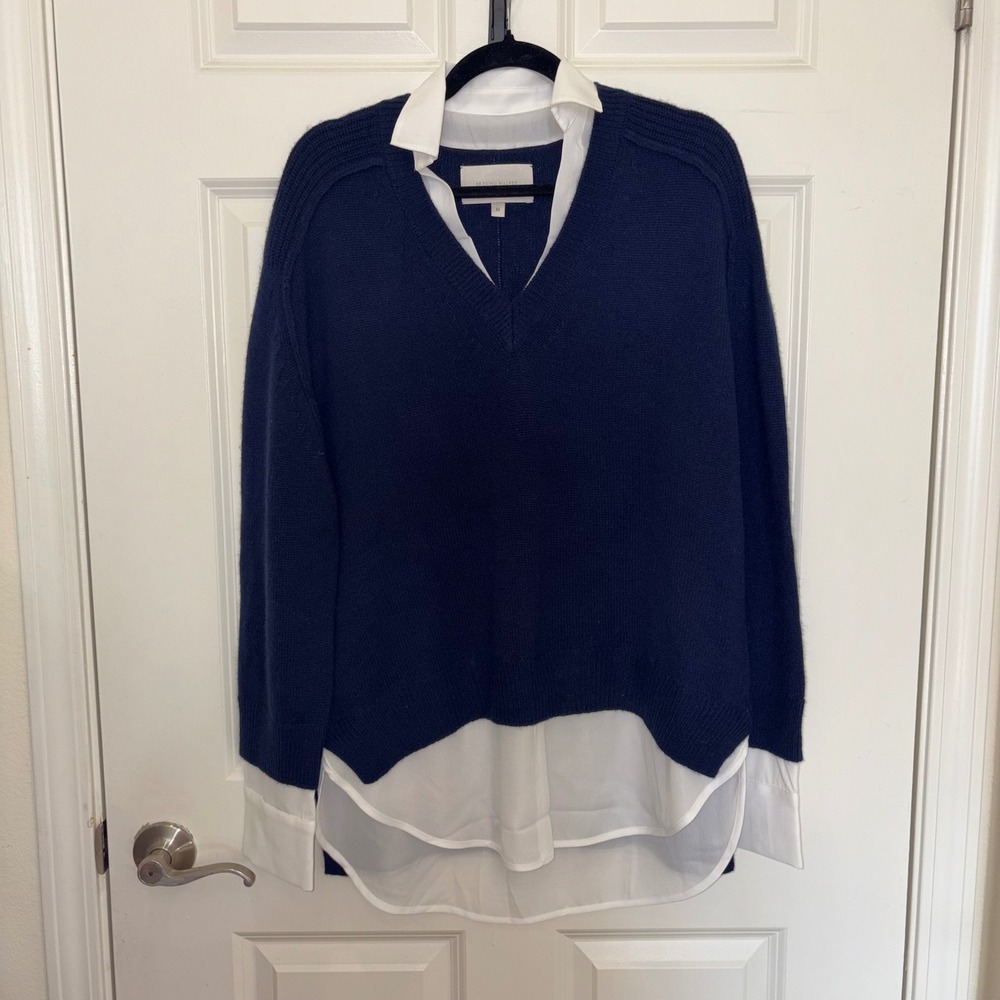Brochu Walker Navy V-Neck Layered Pullover Wool Cashmere Sweater  M